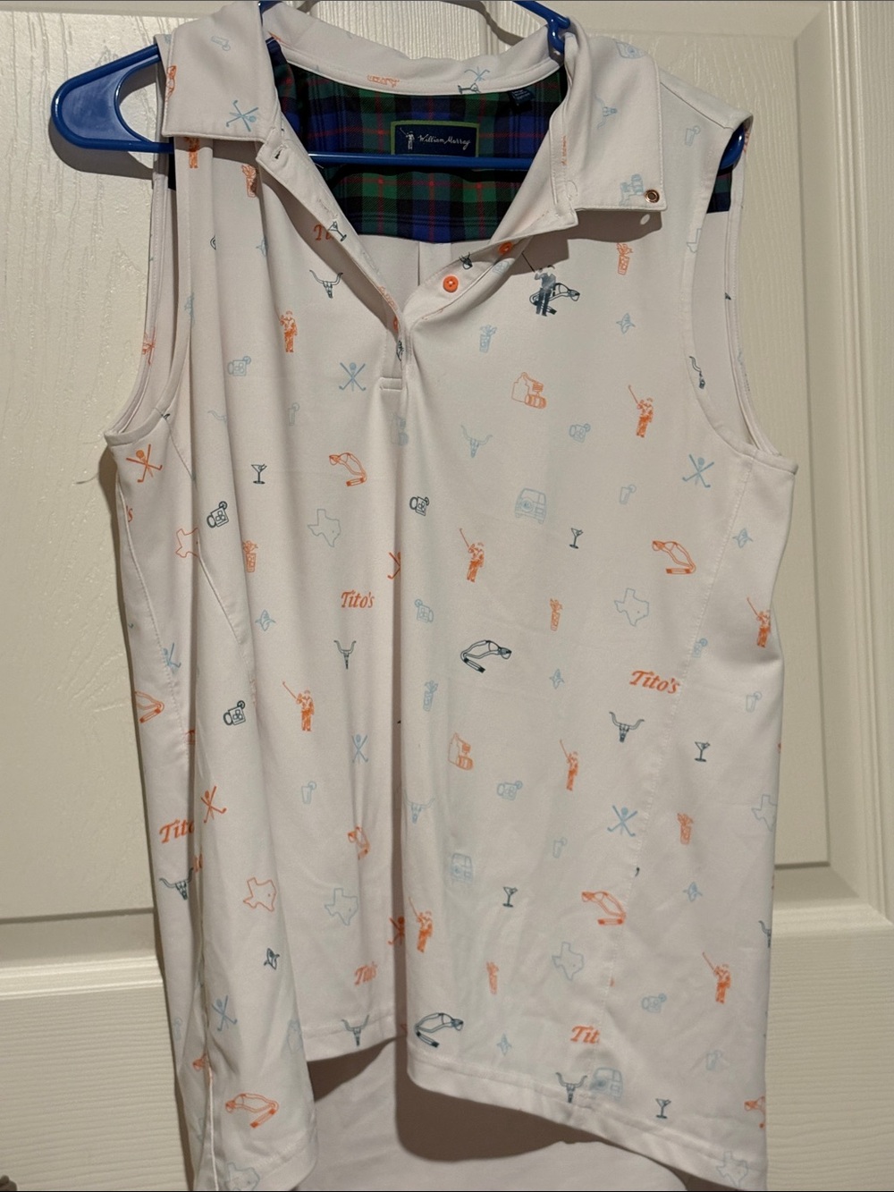 Titos Sleeveless Polo Tank Top - White with Orange & Light Blue Accents